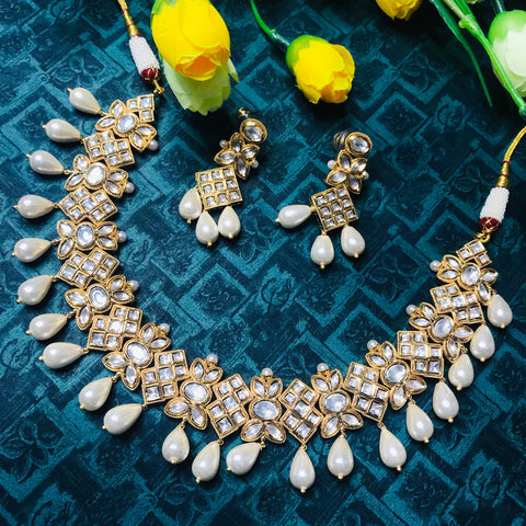 Designer Gold Plated Royal Kundan Necklace with Earrings
