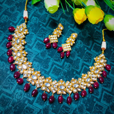 Designer Gold Plated Royal Kundan Necklace with Earrings