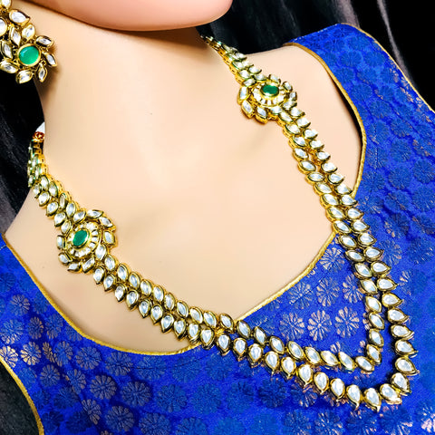 Designer Royal Kundan & Emerald Long Necklace with Earrings (D748)