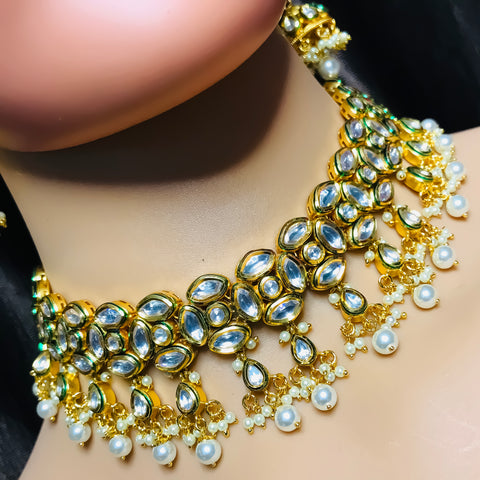 Designer Gold Plated Royal Kundan Choker Style Necklace with Earrings