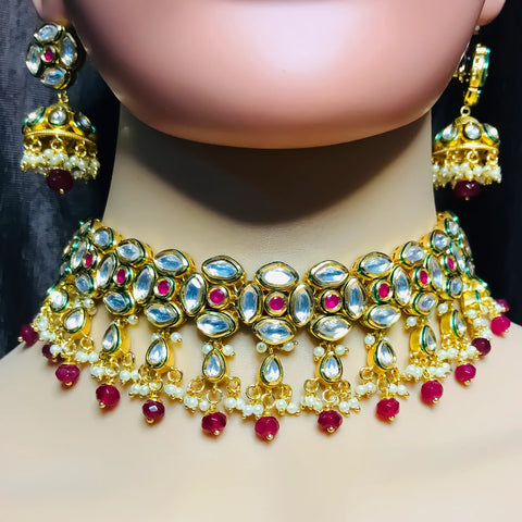 Designer Gold Plated Royal Kundan Choker Style Necklace with Earrings
