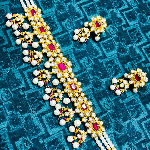 Designer Gold Plated Royal Kundan & Ruby Choker Style Necklace with Earrings (D749)