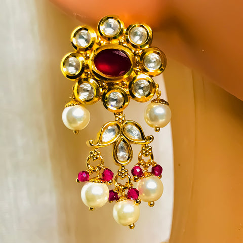 Designer Gold Plated Royal Kundan & Ruby Choker Style Necklace with Earrings (D749)