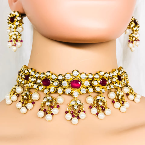 Designer Gold Plated Royal Kundan & Ruby Choker Style Necklace with Earrings (D749)