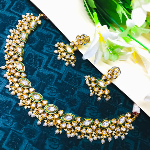 Designer Gold Plated Royal Kundan Necklace with Earrings