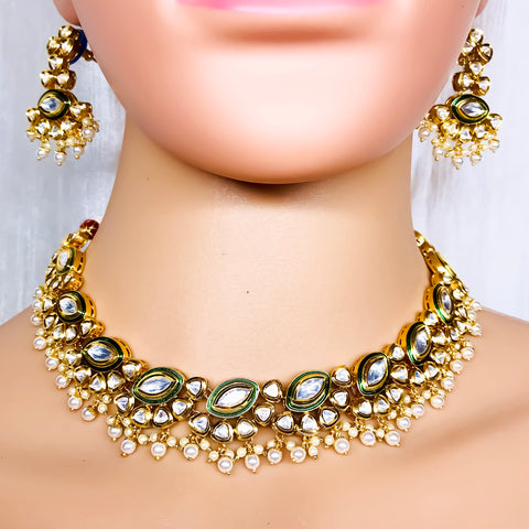 Designer Gold Plated Royal Kundan Necklace with Earrings