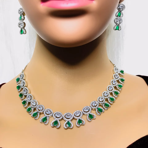 Designer Semi-Precious American Diamond Green Emerald Necklace with Earrings (D761)