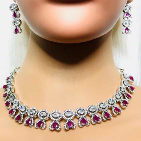 Designer Semi-Precious American Diamond Emerald Necklace with Earrings (D761)