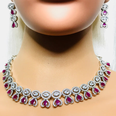 Designer Semi-Precious American Diamond Pink Necklace with Earrings (D762)
