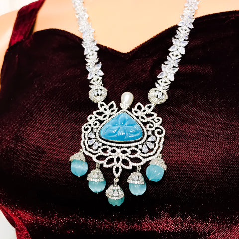 Designer Semi-Precious American Diamond & Blue Shpphire Pendant Set (D760)