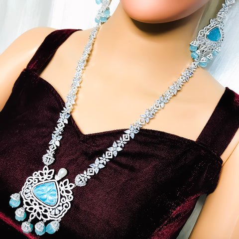 Designer Semi-Precious American Diamond & Blue Shpphire Pendant Set (D760)