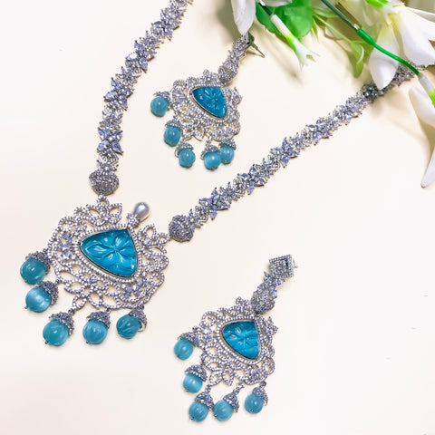 Designer Semi-Precious American Diamond & Blue Shpphire Pendant Set (D760)
