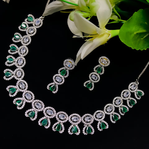 Designer Semi-Precious American Diamond Green Emerald Necklace with Earrings (D761)