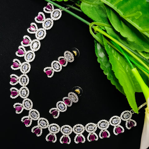 Designer Semi-Precious American Diamond Pink Necklace with Earrings (D762)