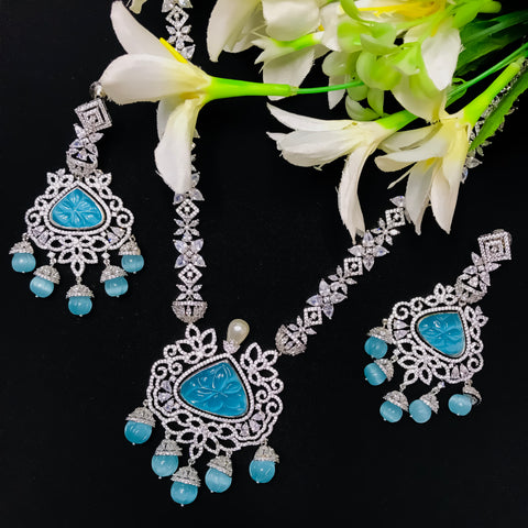 Designer Semi-Precious American Diamond & Blue Shpphire Pendant Set (D760)