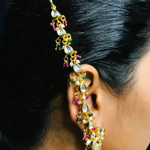 Gold Plated Beautifully Royal Kundan Kanoti Ear Chain For Women