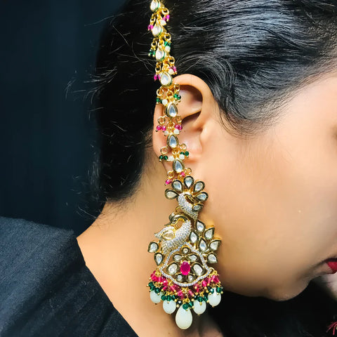 Gold Plated Beautifully Royal Kundan Kanoti Ear Chain For Women