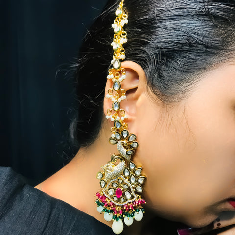 Gold Plated Beautifully Royal Kundan Kanoti Ear Chain For Women