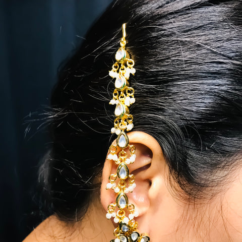 Gold Plated Beautifully Royal Kundan Kanoti Ear Chain For Women