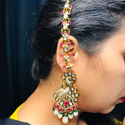 Gold Plated Beautifully Royal Kundan Kanoti Ear Chain For Women