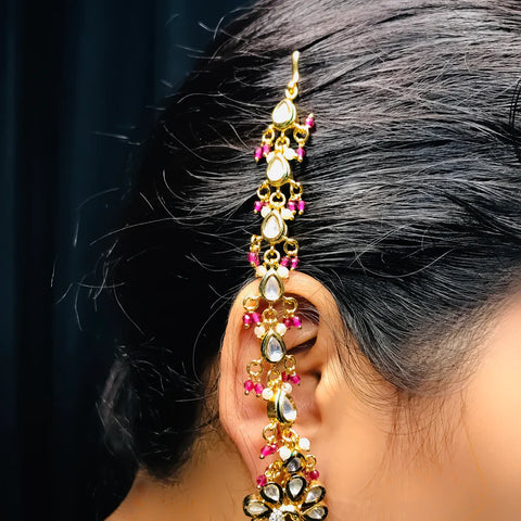Gold Plated Beautifully Royal Kundan Kanoti Ear Chain For Women