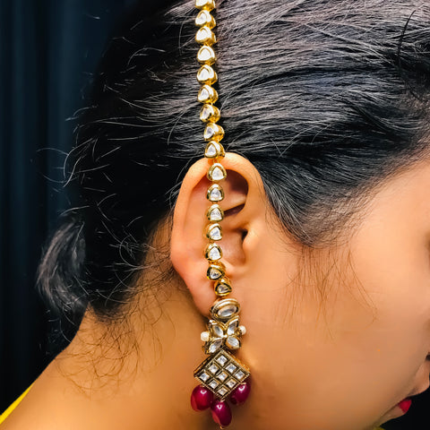 Gold Plated Beautifully Royal Kundan Kanoti Ear Chain For Women (E743)