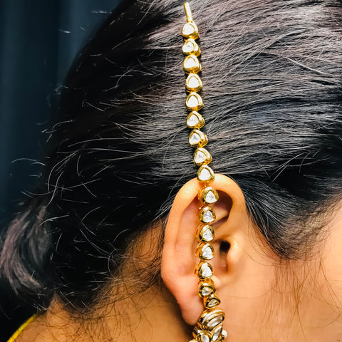 Gold Plated Beautifully Royal Kundan Kanoti Ear Chain For Women (E743)