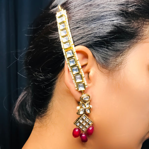 Gold Plated Beautifully Royal Kundan Kanoti Ear Chain For Women (E742)