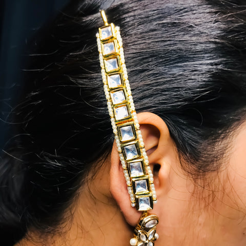 Gold Plated Beautifully Royal Kundan Kanoti Ear Chain For Women (E742)