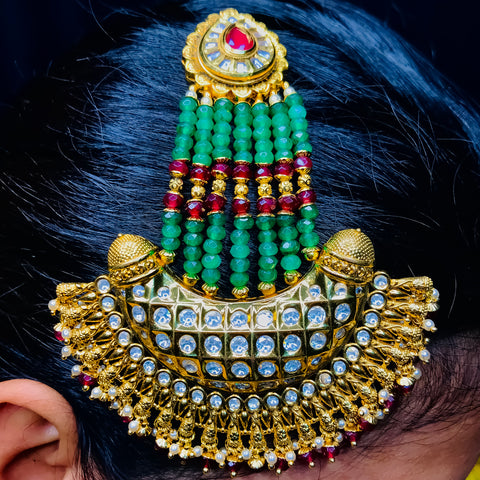Gold Plated Green Beads Kundan Passa For Women (D105)