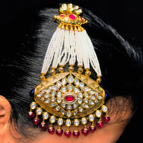 Gold Plated Red Beads And Pearl Studded Kundan Passa For Women (D103)
