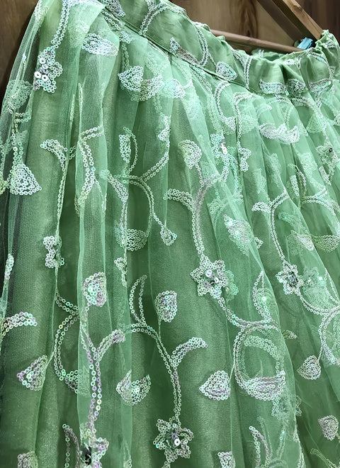 Light Green Color Lehenga Skirt with Sequins Work in Net (D17)