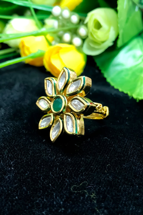 Designer Gold Plated Royal Kundan & Emerald Beaded Ring (Design 197)