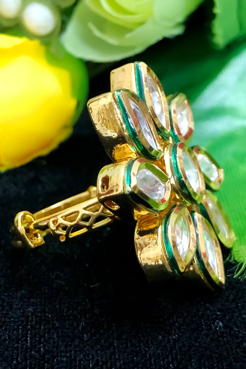 Designer Gold Plated Royal Kundan Beaded Ring (Design 196)