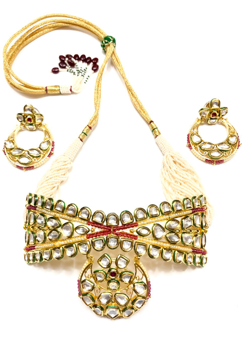 Designer Gold Plated Royal Kundan Choker Style Necklace with Earrings (D799)