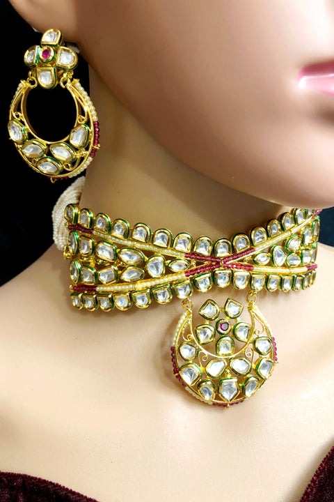 Designer Gold Plated Royal Kundan Choker Style Necklace with Earrings (D799)