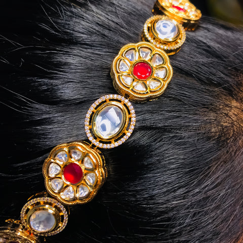 Designer Gold Plated Royal Kundan & Ruby Sheeshphool /Mathapatti (D95)