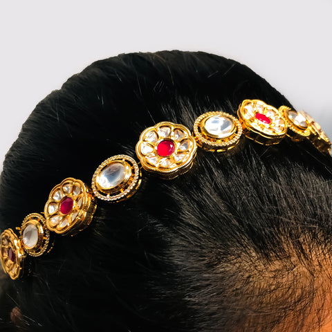 Designer Gold Plated Royal Kundan & Ruby Sheeshphool /Mathapatti (D95)