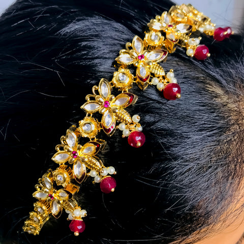 Designer Gold Plated Royal Kundan & Ruby Sheeshphool /Mathapatti (D101)