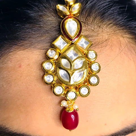 Designer Bridal Gold Plated Royal Kundan Necklace With Earrings & Mangtikka