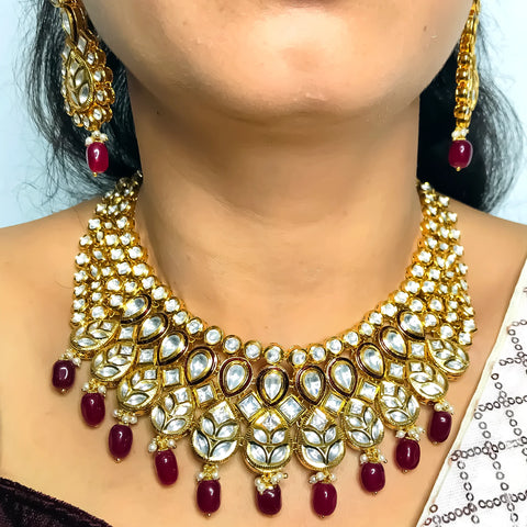 Designer Bridal Gold Plated Royal Kundan Necklace With Earrings & Mangtikka