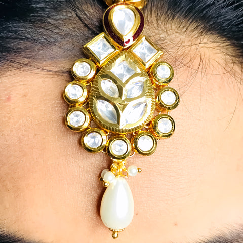 Designer Bridal Gold Plated Royal Kundan Necklace With Earrings & Mangtikka