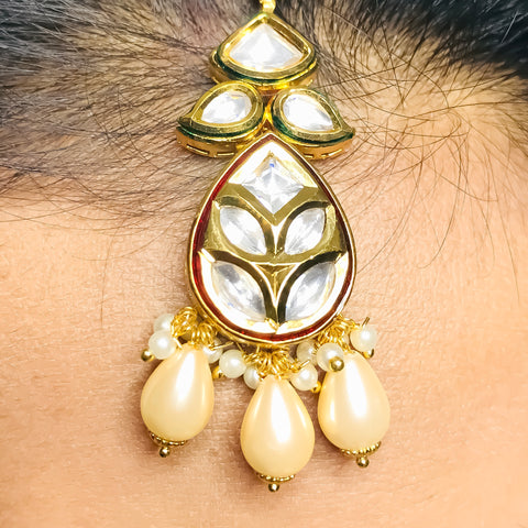 Designer Gold Plated Royal Kundan Necklace with Earrings & Mangtikka