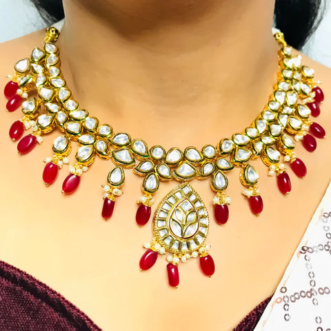 Designer Gold Plated Royal Kundan Necklace with Earrings & Mangtikka