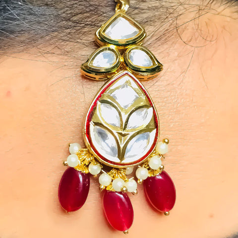 Designer Gold Plated Royal Kundan Necklace with Earrings & Mangtikka