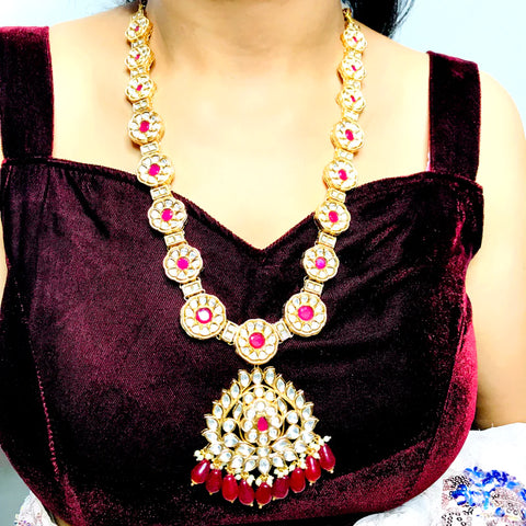 Designer Gold Plated Royal Kundan Long Necklace with Earrings