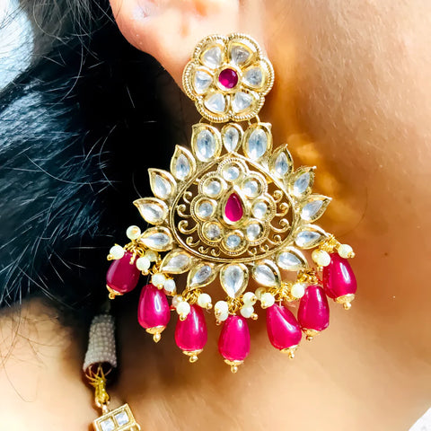 Designer Gold Plated Royal Kundan Long Necklace with Earrings