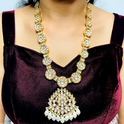 Designer Gold Plated Royal Kundan Long Necklace with Earrings