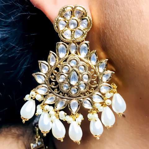 Designer Gold Plated Royal Kundan Long Necklace with Earrings