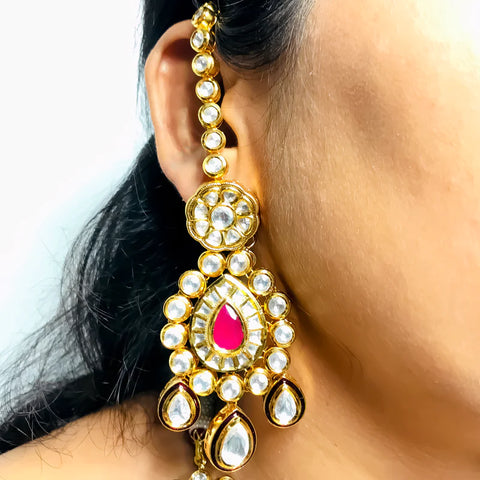 Designer Bridal Gold Plated Royal Kundan Necklace With Earrings & Mangtikka